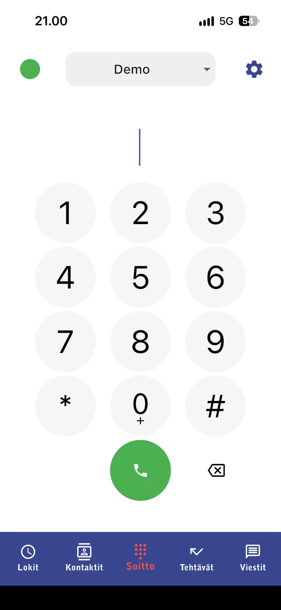 Mobiilisovelluksen näppäimistönäkymä: numerovalinta, soittopainike ja alapalkki lokeille, kontakteille, tehtäville ja viesteille.